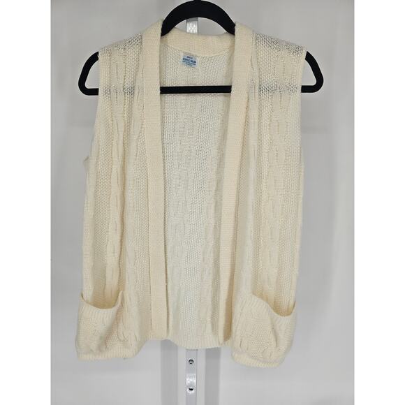 VTG Women's Sleeveless Open Front Cream Ribbed Acrylic Cardigan Size M - Picture 1 of 4